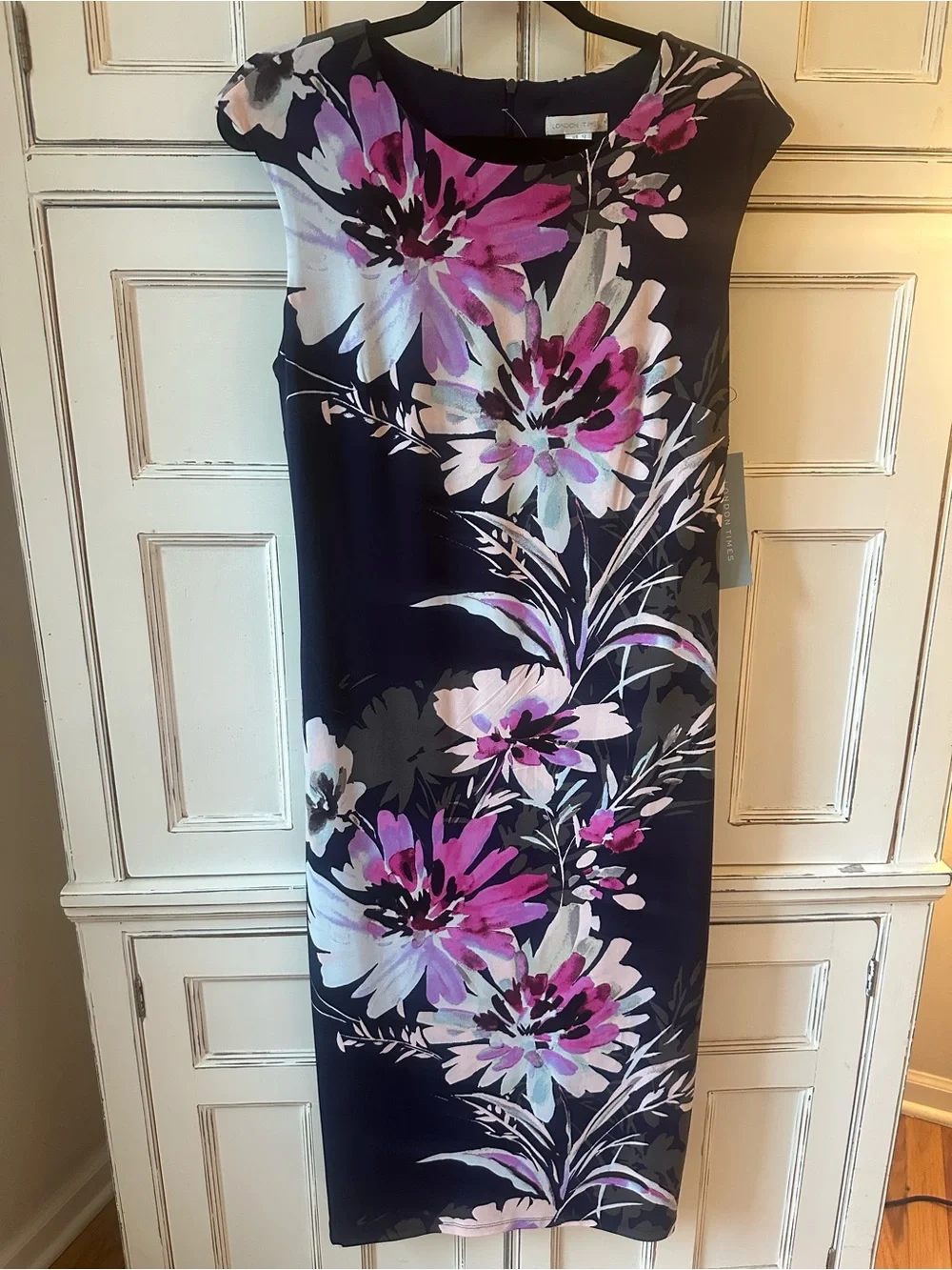 London Times Navy Midi Dress with Pink & White Floral Print - Picture 1 of 3